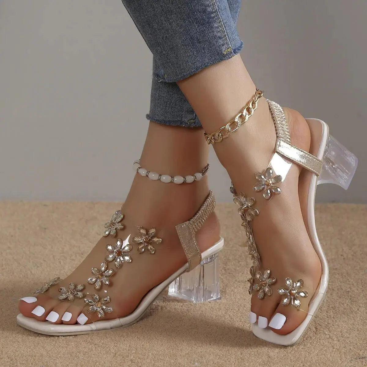 Women's Rhinestone-Embellished Floral Block Heel Sandals