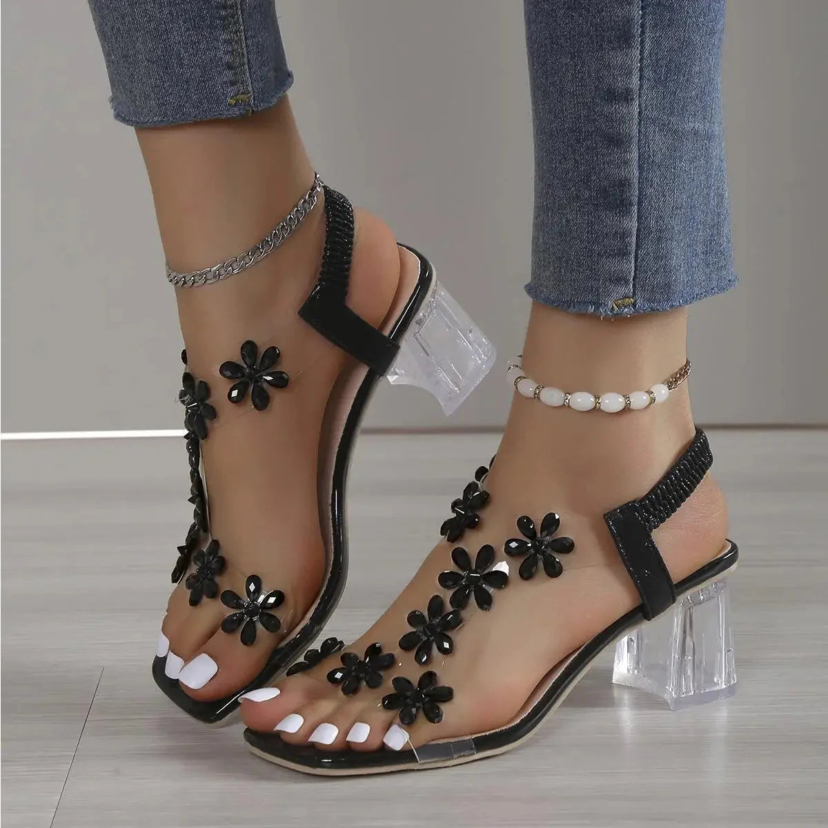 Women's Rhinestone-Embellished Floral Block Heel Sandals