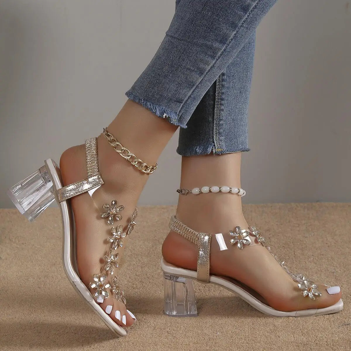 Women's Rhinestone-Embellished Floral Block Heel Sandals