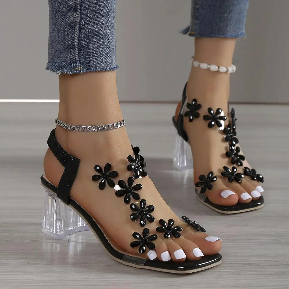 Women's Rhinestone-Embellished Floral Block Heel Sandals