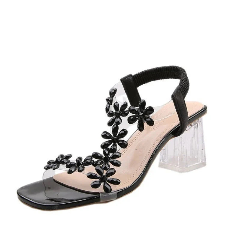 Women's Rhinestone-Embellished Floral Block Heel Sandals